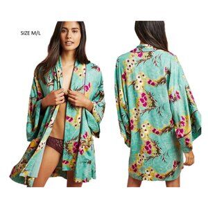 Anthropologie by Floreat Loved Boho Floral Green Multicolor Open Kimono Robe